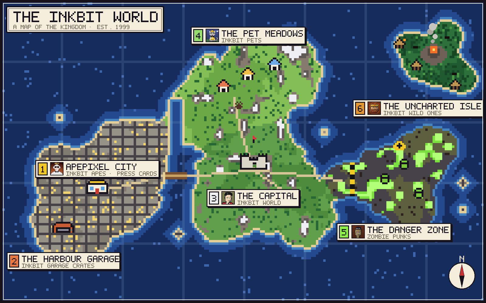 Pixel map of the Inkbit World: 1 Apepixel City (Inkbit Apes and Press Cards), 2 the Harbour Garage, 3 the Capital (Inkbit World), 4 the Pet Meadows (Inkbit Pets), 5 the Danger Zone (Zombie Punks), 6 an uncharted island
